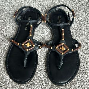 Cole Haan Black Leather Wood-Beaded Thong Sandal. Size 7.